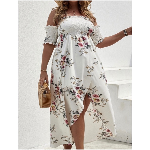 Boho Plus Floral Print Off Shoulder Cottagecore Dress - Picture 5 of 14